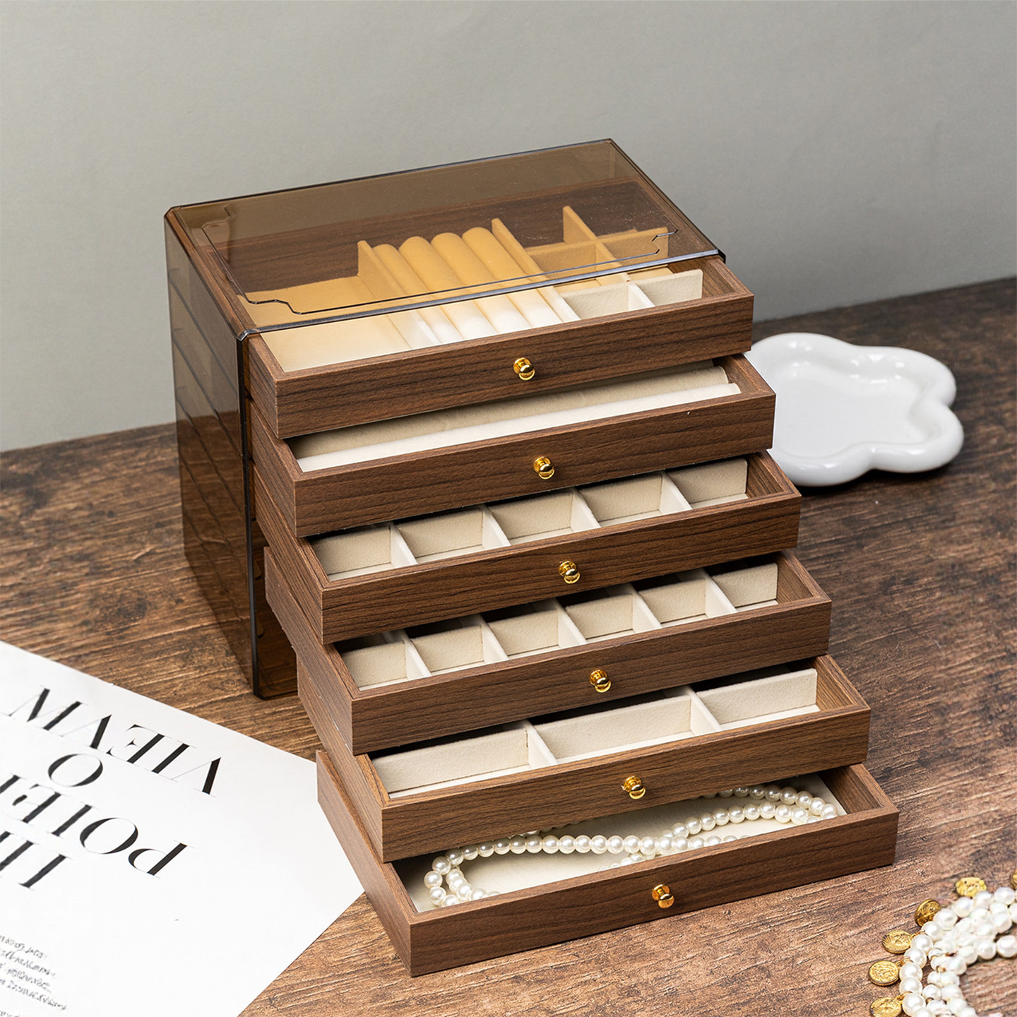 复古风胡桃木首饰盒高颜值饰品收纳盒多层分格桌面耳钉耳环珠宝盒,淘宝优惠券,粉丝福利购,淘宝优惠卷