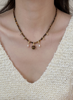 复古淡水珍珠虎眼石串珠吊坠项链