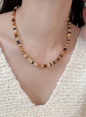 美拉德咖啡色天然石串珠项链