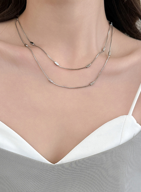 百搭时尚双层方块银色项链