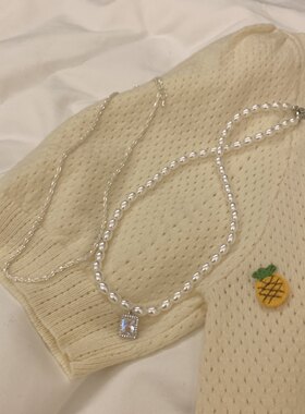 法式天然珍珠方钻叠戴毛衣链
