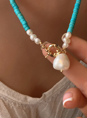 绿松石天然珍珠项链，设计感小众