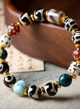 圣饰奇缘原创设计虎牙宝瓶三眼天珠牛骨隔片多宝单圈手串文玩手链