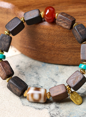 圣饰奇缘 达拉干沉香木方块珠松石玛瑙手串文玩佛珠中式木质手链