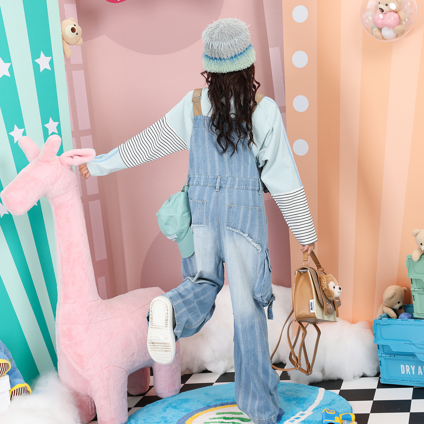 秋甜酷双裤腰PU肩带水洗牛仔背带裤条纹印花宽松多口袋工装裤长裤 - 图0