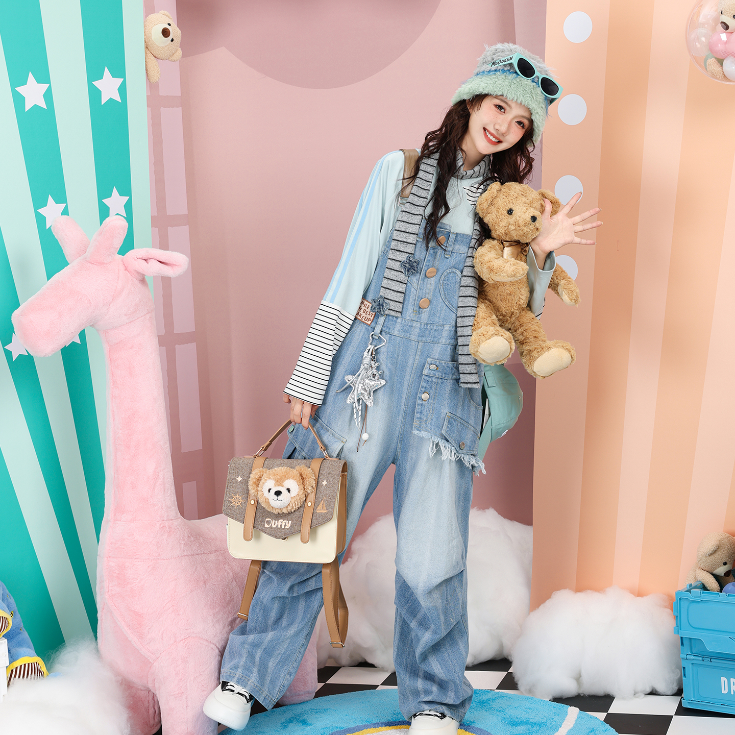 秋甜酷双裤腰PU肩带水洗牛仔背带裤条纹印花宽松多口袋工装裤长裤 - 图2