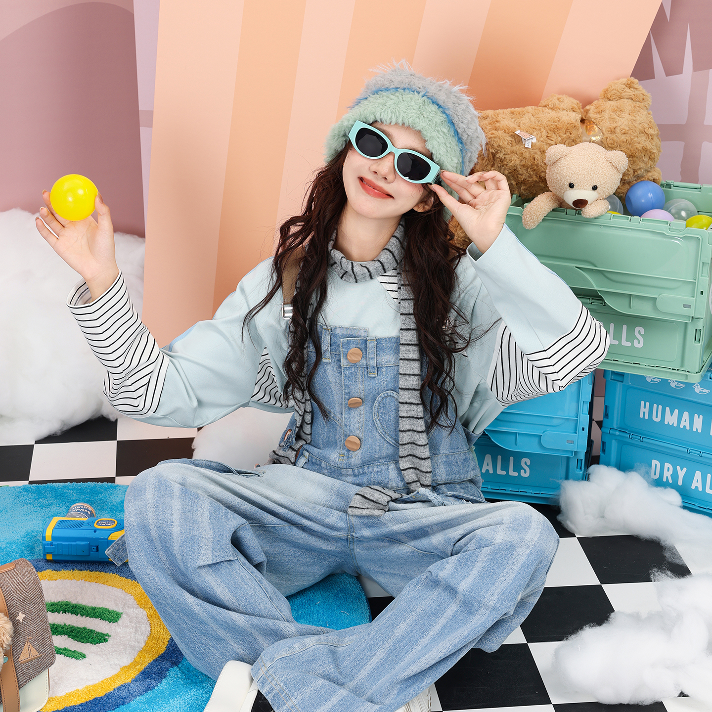 秋甜酷双裤腰PU肩带水洗牛仔背带裤条纹印花宽松多口袋工装裤长裤 - 图1