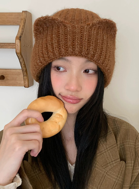 甜美猫耳加厚保暖针织帽显脸小