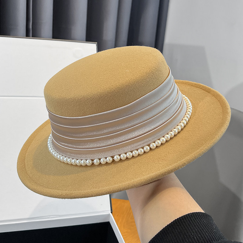 秋冬法式赫本风褶皱珍珠平顶礼帽子女百搭优雅名媛风英伦爵士帽潮,淘宝优惠券,粉丝福利购,淘宝优惠卷