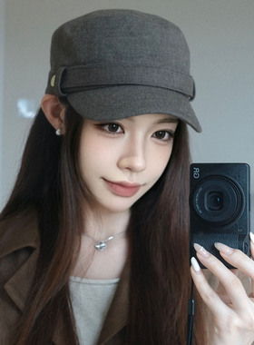 复古牛仔扣带平顶报童帽女显脸小