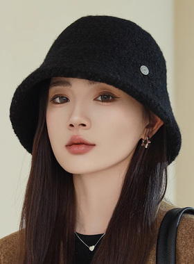 羊羔毛渔夫帽女大头围黑色水桶帽