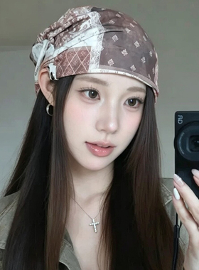 复古提花格纹堆堆帽女显脸小