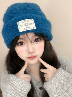 可爱小羊贴布蓝色毛线帽子女秋冬