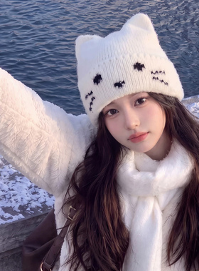 日系甜美猫耳保暖护耳毛线帽子女
