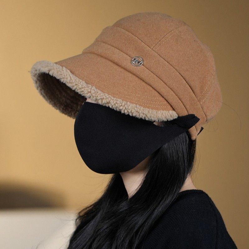 2025新款可挂口罩渔夫帽子女冬季保暖百搭宽檐鸭舌帽羊羔毛盆帽潮 - 图2