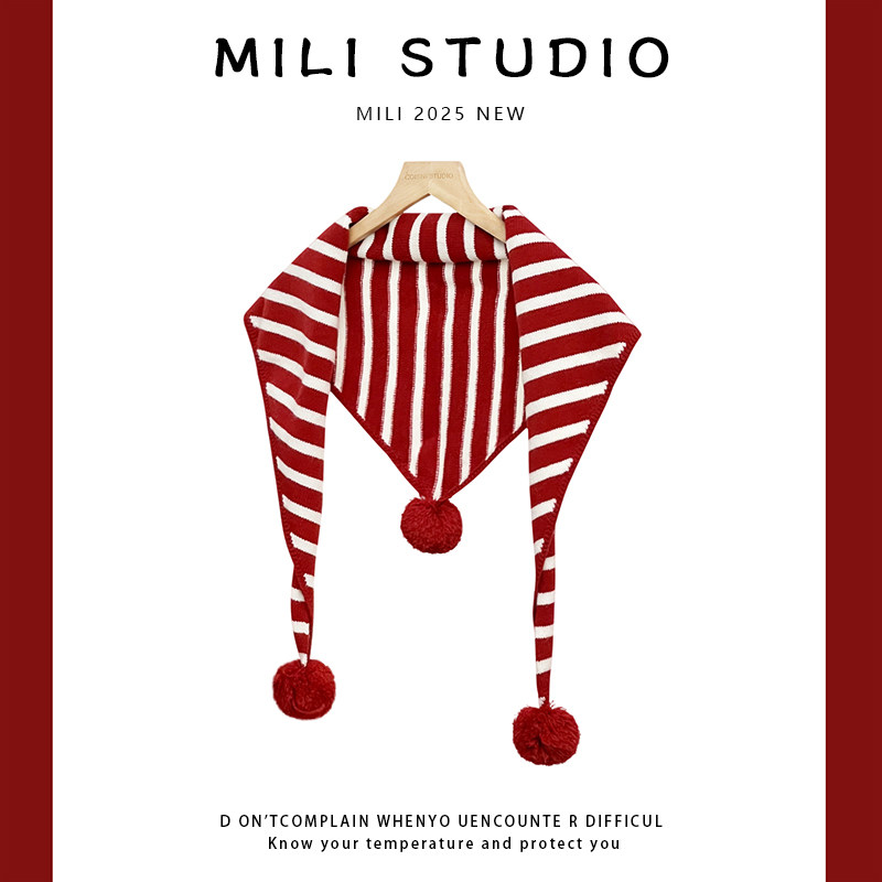 2025新款韩版可爱球球红色条纹三角围巾女秋冬保暖百搭披肩围脖潮,淘宝优惠券,粉丝福利购,淘宝优惠卷