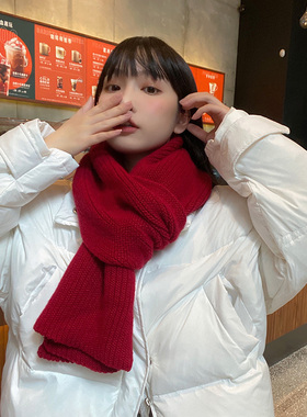 红色针织围巾女冬季韩版ins百搭