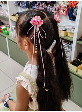 女孩蝴蝶结长丝带流苏发夹卡儿童发饰中国风头饰古风汉服学生头花