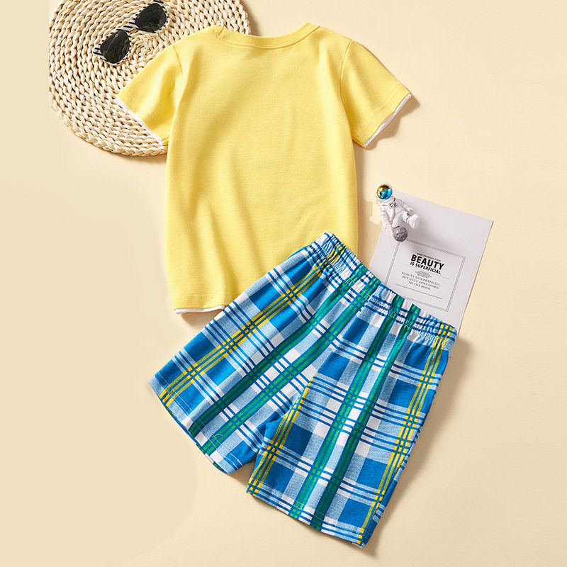 欧美儿童短袖套装2025新款夏季新款男童格子休闲短裤套装夏季套装,淘宝优惠券,粉丝福利购,淘宝优惠卷