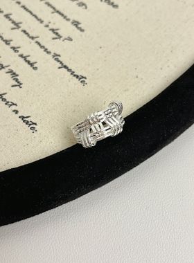 新款条纹编织交织复古戒指女S925纯银同款小众设计时尚个性食指环