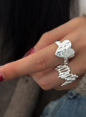 韩版锤纹爱心925纯银同款戒指女百搭简约个性时尚小众设计酷指环
