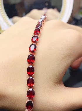 大颗天然石榴石手链女925纯银镶嵌鸽1血红色宝石手串手镯满圈时尚