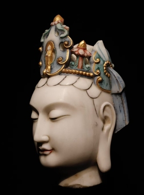 石雕仿古复古北齐汉白玉彩绘佛头佛首观音头摆件做旧摆放家居观音