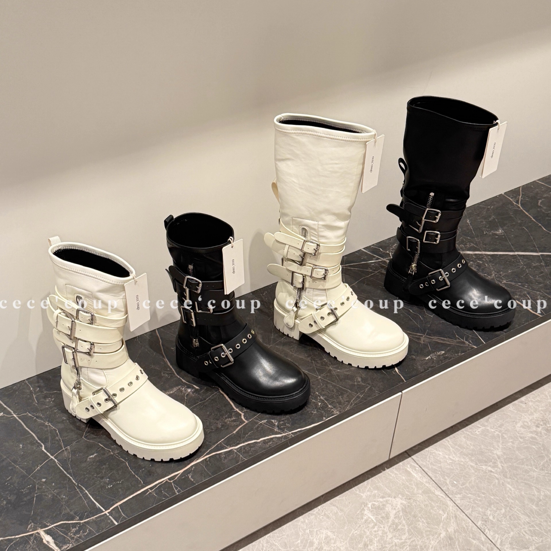 cece coup 酷飒出圈！10/20 新品 25FW 厚底皮带扣短靴高筒机车靴 - 图0