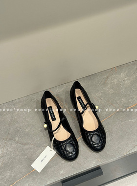 珍珠格纹粗跟玛丽珍浅口单鞋