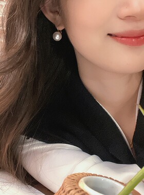 s925银麻银灰色施家正圆强光珍珠耳环耳钩耳饰法式复古高级感耳钉