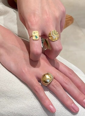 重工金色几何镶嵌锆石图章戒指女