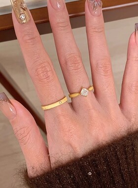 中古金色拉丝小方钻星芒戒指女复