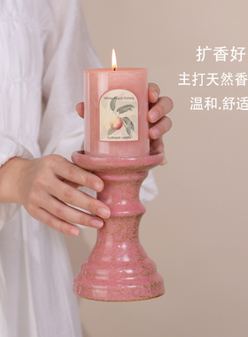 香薰蜡烛粉色白桃乌龙高脚烛台摆件室内家用熏香浪漫大号持久扩香
