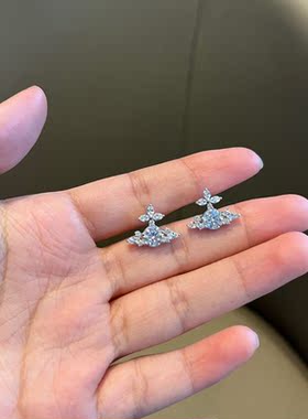 满钻花朵星球耳钉银色锆石耳饰闪耀土星耳环女小众设计感甜美耳坠