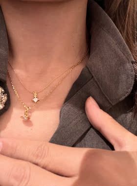 森系迷你单钻项链925银厚金双层叠戴简约百搭细链锁骨链女颈链