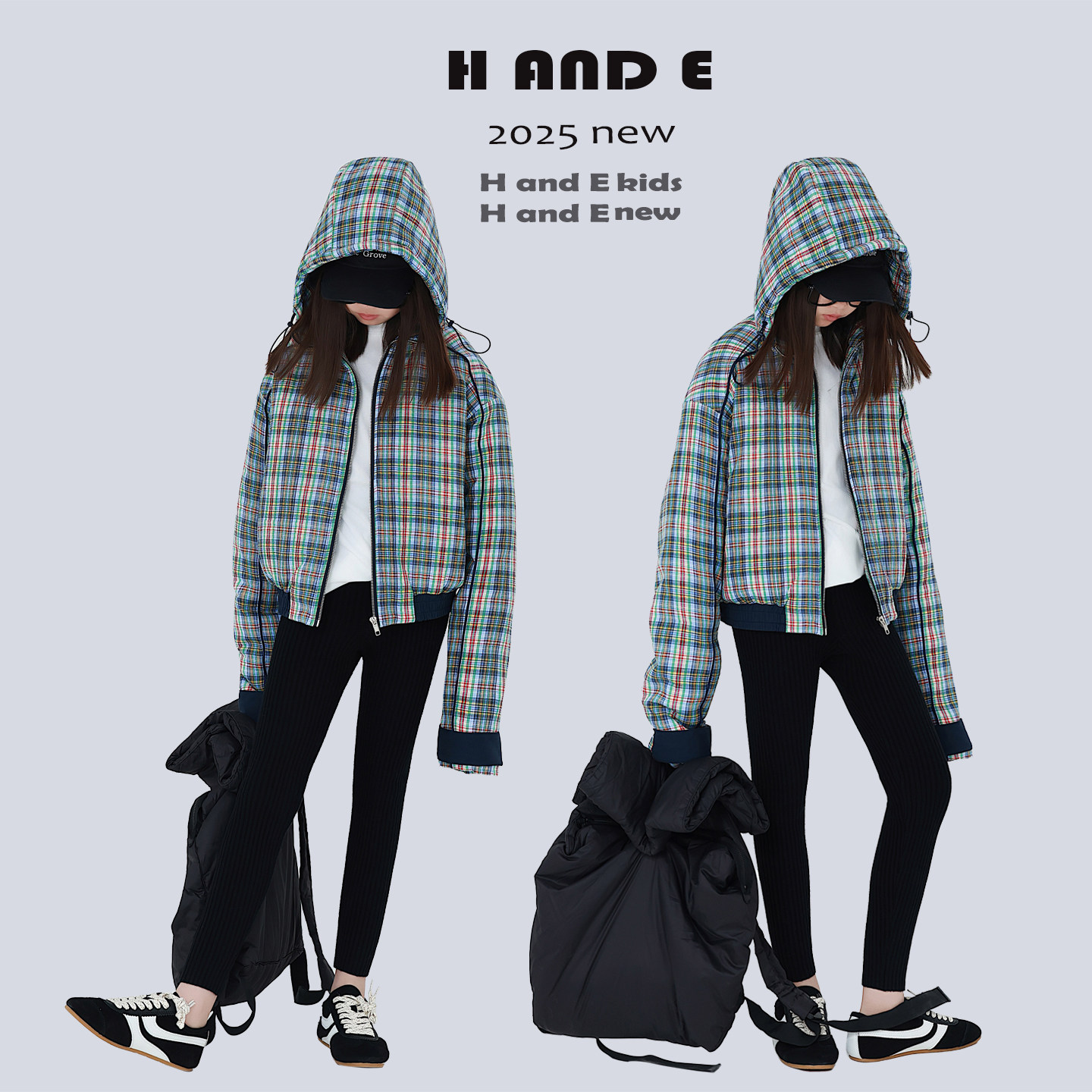 H AND E 原创童装25冬季保暖蓝橘格子连帽飞行员夹克棉服外套女童,淘宝优惠券,粉丝福利购,淘宝优惠卷