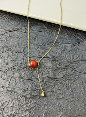 美薇天然红色玛瑙流苏有球必应锁骨链女过年喜庆项链毛衣链