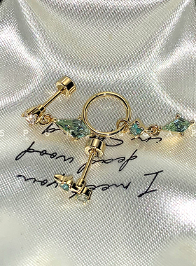 闪闪金色帕绿色菱形锆石耳圈高级钛钢耳钉女独特四芒星耳骨钉耳饰