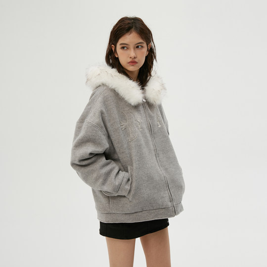 Clamisgold（岚室）飞鸟与花*连帽毛领羊毛呢大衣加绒厚外套棉服