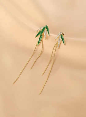 新中式绿色竹叶耳环银针