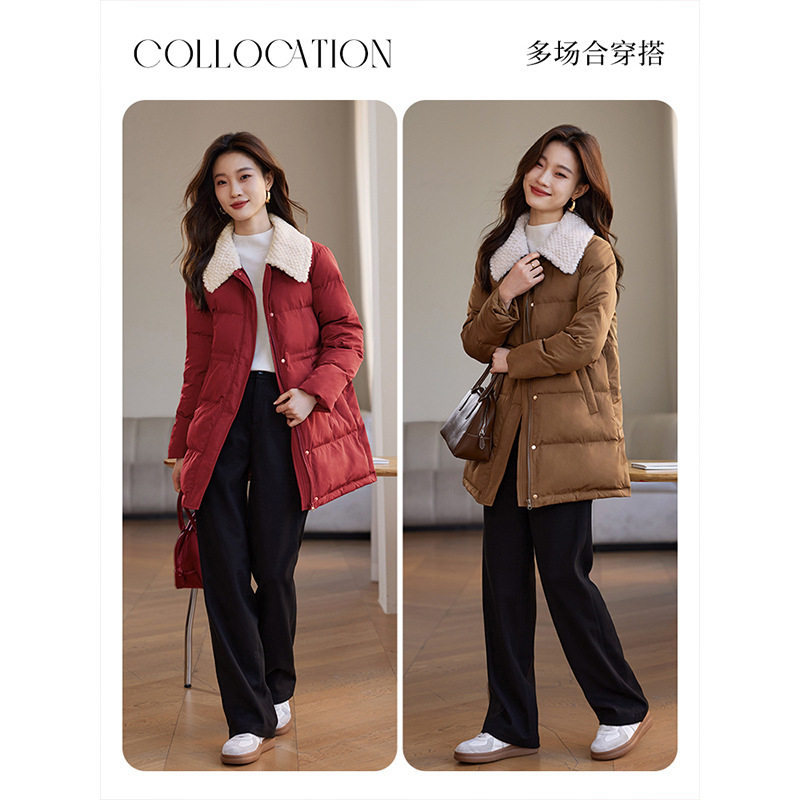 熙世界新年红色羽绒棉服女士中长款冬新款仿兔毛翻领保暖棉衣外套