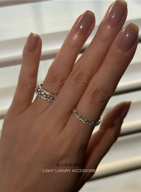 安小柏 通体S925纯银5A锆石蕾丝边钻石戒指二合一叠带花边轻奢女
