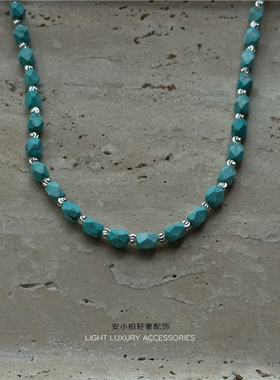安小柏 日韩小众设计感 松石银色项链百搭民族风复古配饰项链时髦