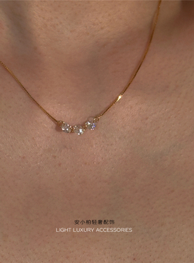 安小柏◆pp同款 通体S925纯银裸钻电穿孔工艺三颗锆石锁骨项链女