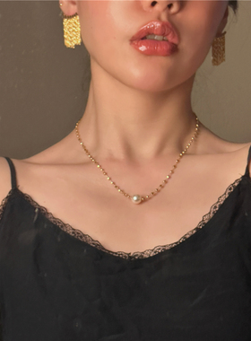安小柏◆金灿灿~别致精致 法式小众复古多刻面金珠人工珍珠项链女