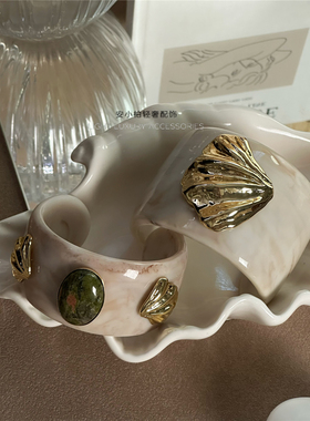 安小柏 小众博主ins同款贝壳花绿石头树脂手镯女高级感天然石手环