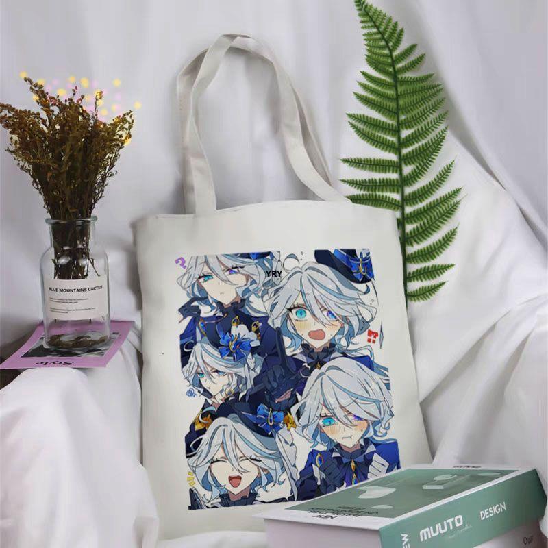 原神芙宁娜周边帆布包芙卡洛斯卡通表情定制拉链棉布袋学生单肩包 - 图2