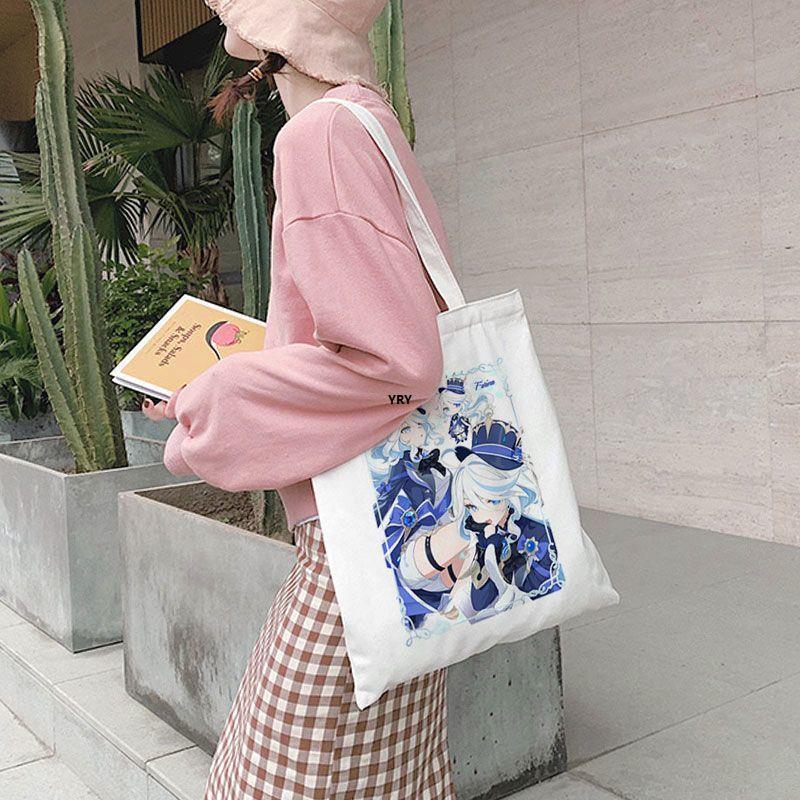 原神芙宁娜周边帆布包芙卡洛斯卡通表情定制拉链棉布袋学生单肩包 - 图0