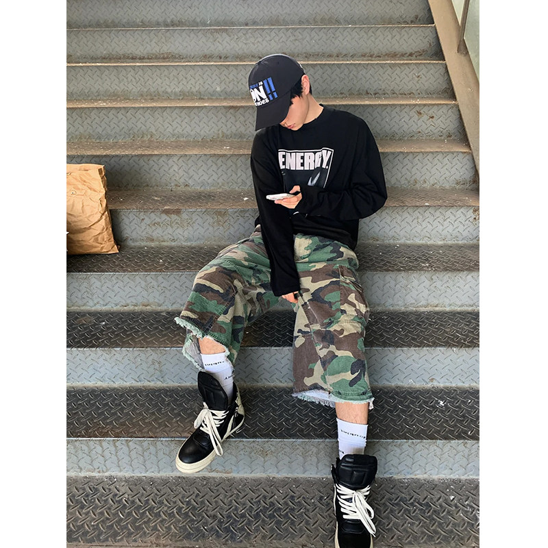 vintage街头迷彩风格牛仔短裤男款夏季美式复古宽松阔腿七分裤子,淘宝优惠券,粉丝福利购,淘宝优惠卷