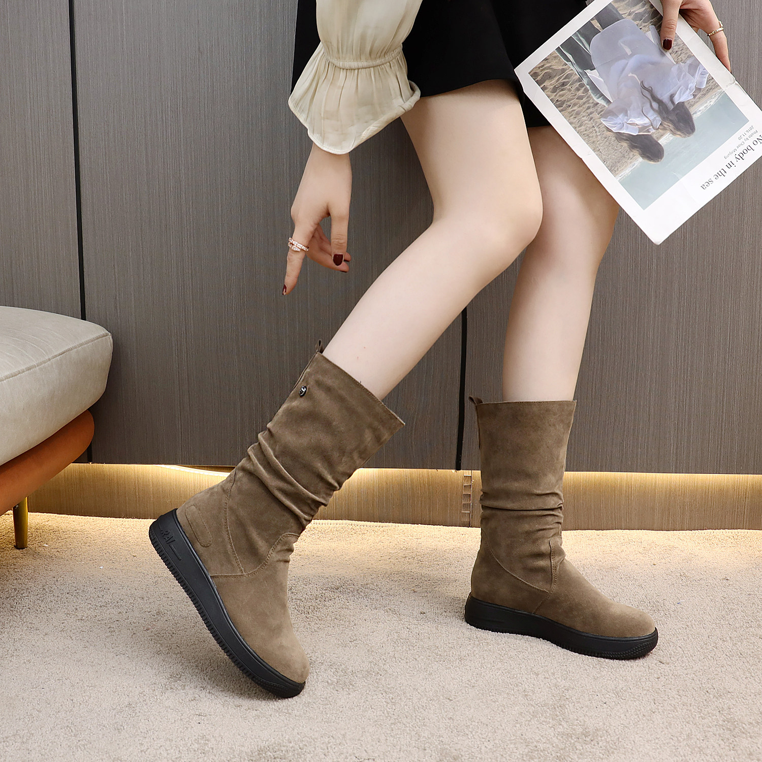 厚底防滑磨砂高靴女真皮冬季加绒中筒靴平底雪地靴保暖棉鞋马丁靴,淘宝优惠券,粉丝福利购,淘宝优惠卷